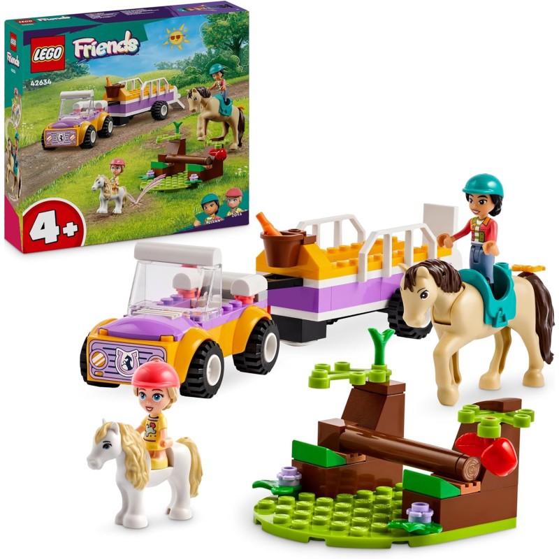 LEGO Friends Rimorchio con Cavallo e Pony, Giocattolo per la Cura degli Animali con 2 Mini Bamboline di Liann e Zoya, Auto da Co