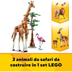 LEGO Creator 3 in 1 Animali del Safari, Giocattolo Trasformabile da Giraffa e Fenicottero in 2 Gazzelle o in Leone e Farfalla, 3