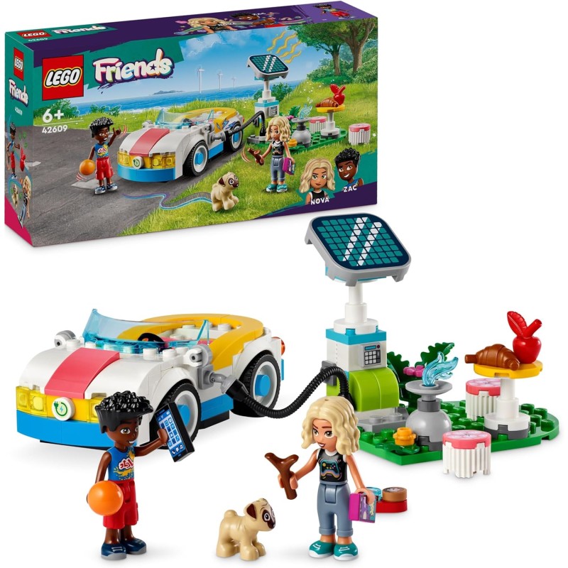 LEGO Friends Auto Elettrica e Caricabatterie, con Macchina Giocattolo, Finta Stazione di Ricarica a Energia Solare e 2 Mini Bamb