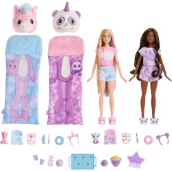 Barbie - Cutie Reveal Pigiama Party Set regalo, con 2 bambole e 2 cuccioli, include 35+ sorprese e costume di peluche, con effet