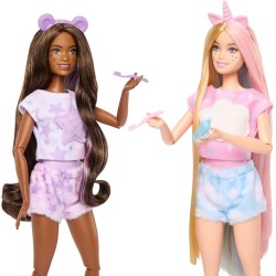 Barbie - Cutie Reveal Pigiama Party Set regalo, con 2 bambole e 2 cuccioli, include 35+ sorprese e costume di peluche, con effet