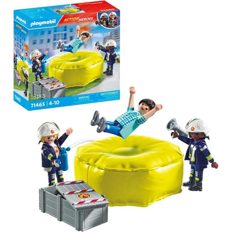 Playmobil - Action Heroes 71465 Materasso di salvataggio dei pompieri, con caschi, un megafono e un estintore - PM71465