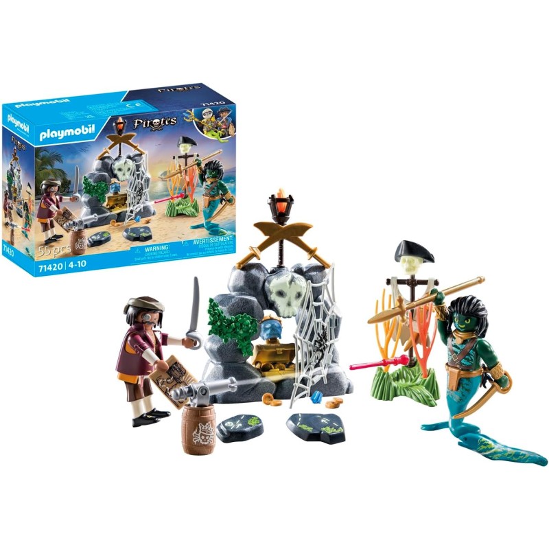 Playmobil - Pirates 71420 Nascondiglio del tesoro pirata, alla ricerca del teschio di cristallo, un  emozionante mondo subacqueo