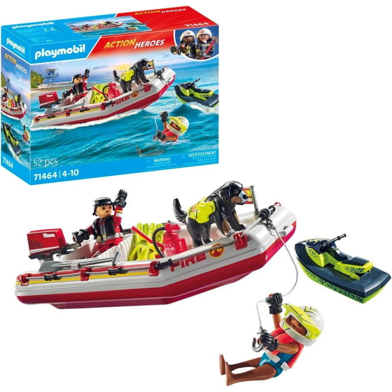 Playmobil - Act!on Heroes 71464 - Gommone dei pompieri e acquascooter, inclusi maschere da sub e pinne, giochi di ruolo diverten