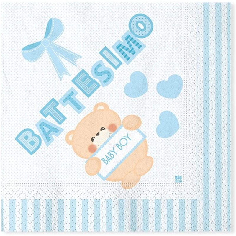 20 Tovaglioli Carta 33x33cm, Battesimo con Teddy Celeste e decorazioni, DI61498