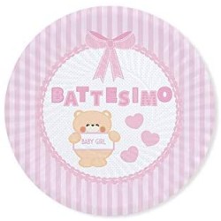 8 Piatti Carta Cm. 18 - tema Battesimo Teddy Rosa, DI61491