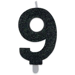 Candelina numero 9 di cera sweety nero glitter, 9cm, DI73889