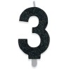 Candelina numero 3 di cera sweety nero glitter, DI73883