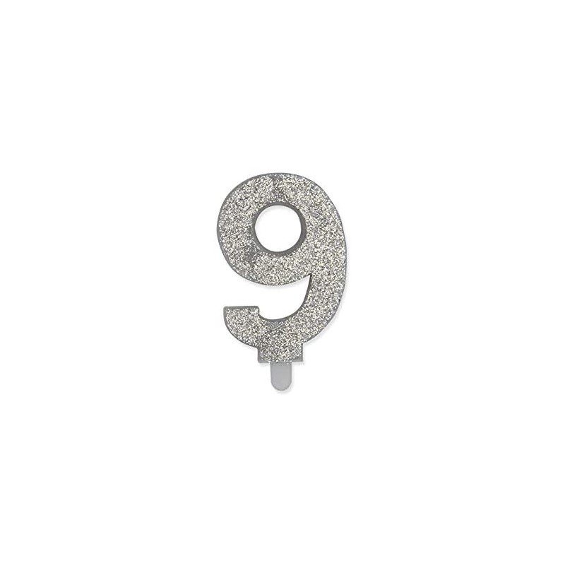 Candelina per Torta Glitterata Argento 9cm, numero 9, DI73909