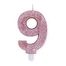 Candelina per Torta Glitterata Rosa Gold 9cm, numero 9, DI74359