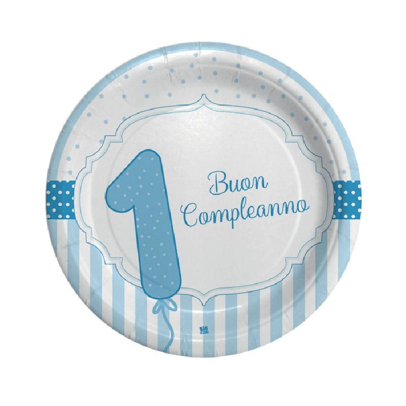 8 Piatti Ø 24 cm Buon Primo Compleanno Celeste, DI62135 8 Piatti Ø 24 cm Buon Primo Compleanno Celeste, DI62135