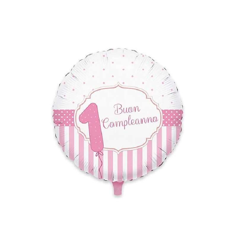 Palloncino Mylar 45cm, Buon Primo Compleanno, colore Rosa, DI42353