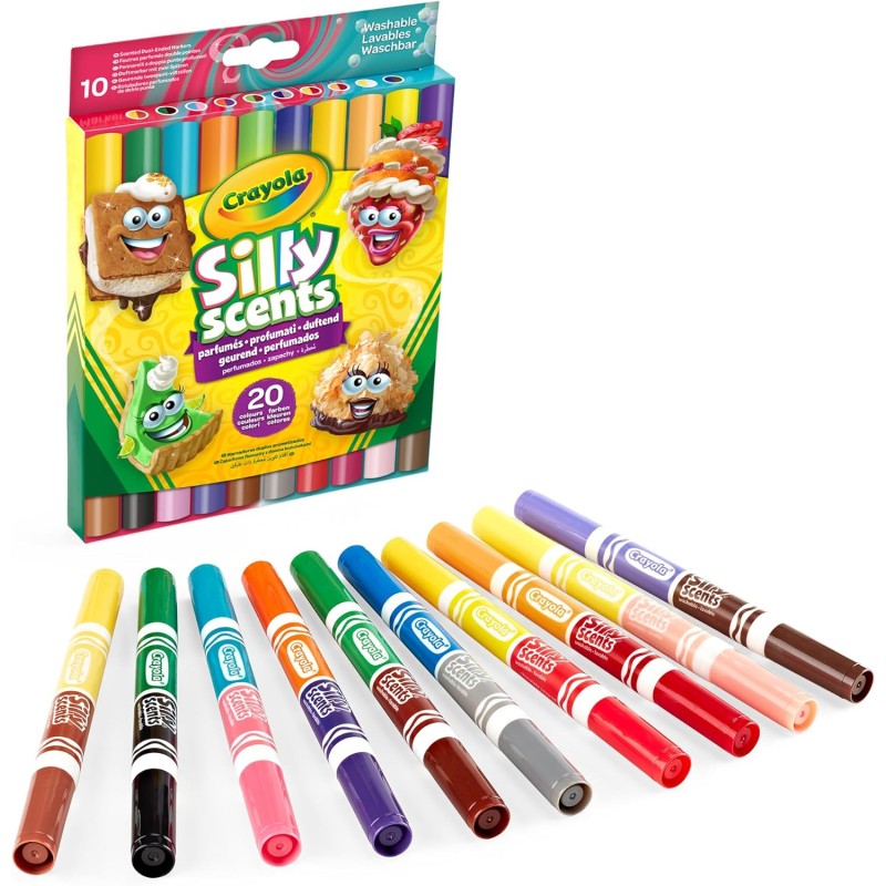 Crayola - Silly Scents, Pennarelli Profumati Lavabili Doppia Punta Maxi, Confezione da 10 pezzi, 20 Colori e 20 Profumi differen