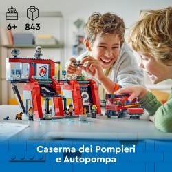 LEGO - City Caserma dei Pompieri e Autopompa, Stazione con Camion Giocattolo d Emergenza, 6 Minifigure, Cane e Accessori, 60414