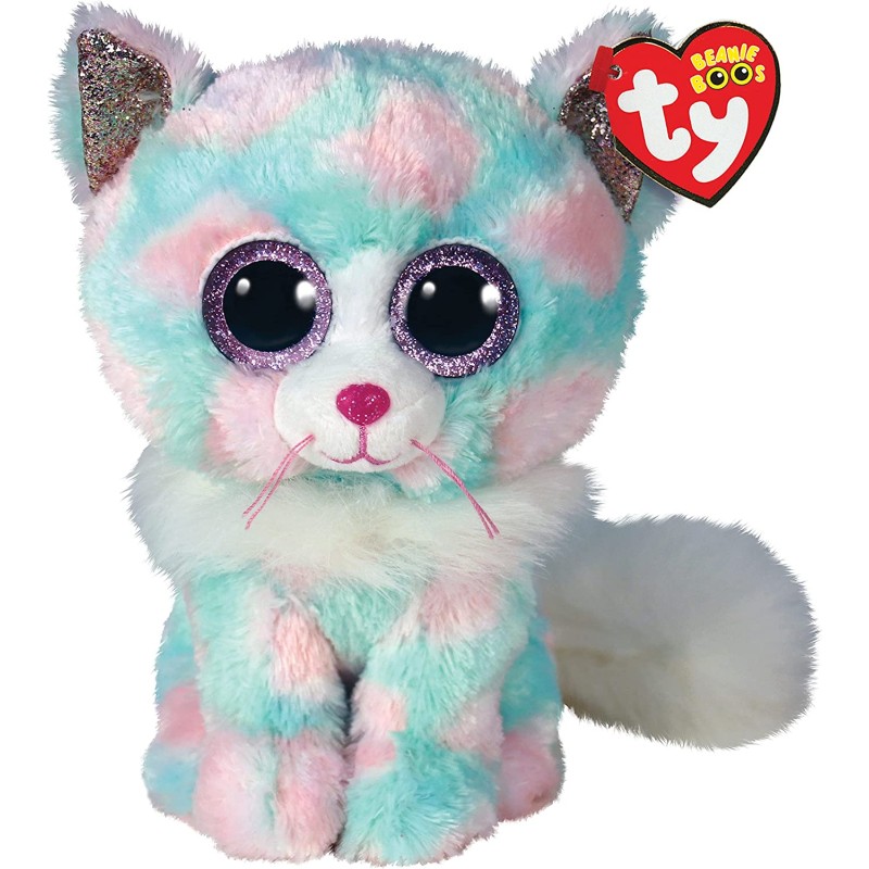 Ty Plush - Peluche Beanie Boos Gatto - Opal Azzurro, Bianco e Rosa - Gattino con occhioni e orecchie glitter viola - T36376