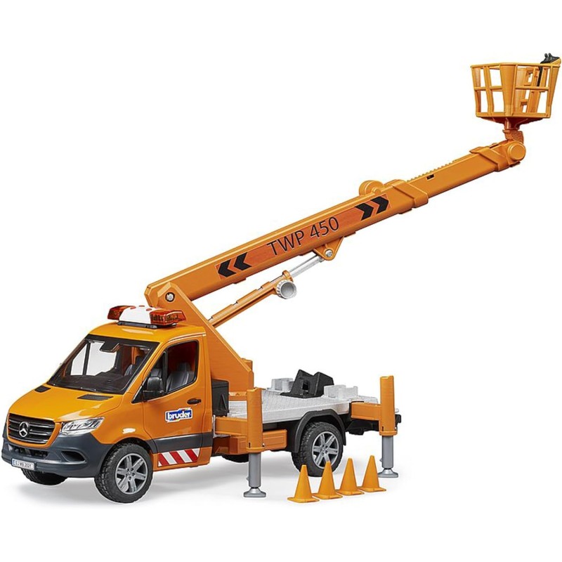 BRUDER 02679 - MB Sprinter con piattaforma di lavoro e modulo luci e suoni, veicoli da cantiere, trasportatore, camion, operaio 