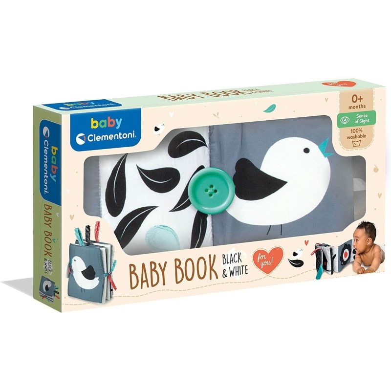 Clementoni - Baby Book, Stoffa Gioco Bianco e Nero, Morbido Neonato sensoriale Primi mesi-100% Lavabile in Lavatrice, Colore Lib