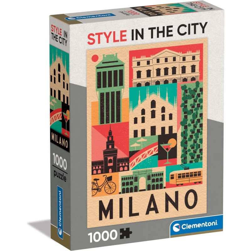 Clementoni - Style in The City Milano-1000 Pezzi, Puzzle CittÃ , Illustrazioni D Autore, Verticale, Divertimento per Adulti, 398