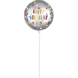 Pallone foil 18&quot; - 45 cm HAPPY B-DAY SILVER COLORFULL STARS con PESETTO e NASTRO, 1 pz, 5PR92435