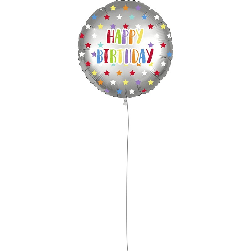Pallone foil 18" - 45 cm HAPPY B-DAY SILVER COLORFULL STARS con PESETTO e NASTRO, 1 pz, 5PR92435