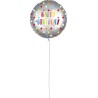 Pallone foil 18" - 45 cm HAPPY B-DAY SILVER COLORFULL STARS con PESETTO e NASTRO, 1 pz, 5PR92435