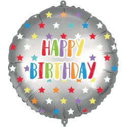 Pallone foil 18" - 45 cm HAPPY B-DAY SILVER COLORFULL STARS con PESETTO e NASTRO, 1 pz, 5PR92435