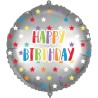Pallone foil 18" - 45 cm HAPPY B-DAY SILVER COLORFULL STARS con PESETTO e NASTRO, 1 pz, 5PR92435
