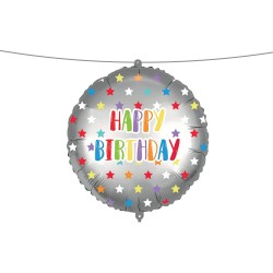 Pallone foil 18" - 45 cm HAPPY B-DAY SILVER COLORFULL STARS con PESETTO e NASTRO, 1 pz, 5PR92435