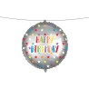 Pallone foil 18" - 45 cm HAPPY B-DAY SILVER COLORFULL STARS con PESETTO e NASTRO, 1 pz, 5PR92435