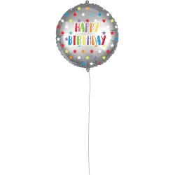 Pallone foil 18" - 45 cm HAPPY B-DAY SILVER COLORFULL STARS con PESETTO e NASTRO, 1 pz, 5PR92435