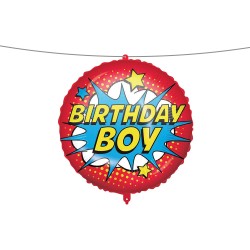 Pallone foil 18" - 45 cm HAPPY BIRTHDAY SUPERHERO con PESETTO e NASTRO, 1 pz, 5PR92436
