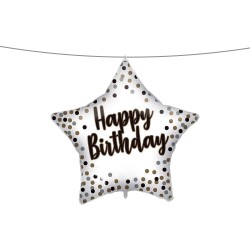 Pallone foil 18&quot; - 45 cm WHITE -GOLD HAPPY BIRTHDAY con PESETTO e NASTRO, 1 pz, 5PR92417
