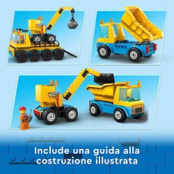 LEGO 60391 City Camion da Cantiere e Gru con Palla da Demolizione, Set con Veicoli Giocattolo da Trasporto ed Escavatore