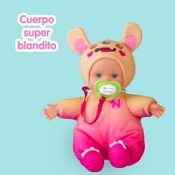 Nenuco Monster Friends Gialla, Bambola 15 cm, corpo morbido, vestitino giallo, ciuccio, + 10 mesi, Famosa (NFNB1200)