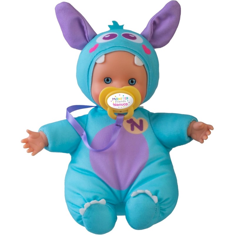 Nenuco Monster Friends Blu, Bambola 15 cm, corpo morbido, vestitino blu, ciuccio, + 10 mesi, Famosa (NFNB1300)
