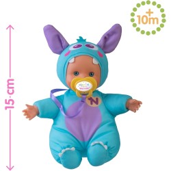 Nenuco Monster Friends Blu, Bambola 15 cm, corpo morbido, vestitino blu, ciuccio, + 10 mesi, Famosa (NFNB1300)