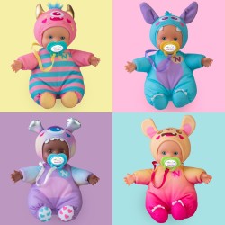 Nenuco Monster Friends Blu, Bambola 15 cm, corpo morbido, vestitino blu, ciuccio, + 10 mesi, Famosa (NFNB1300)