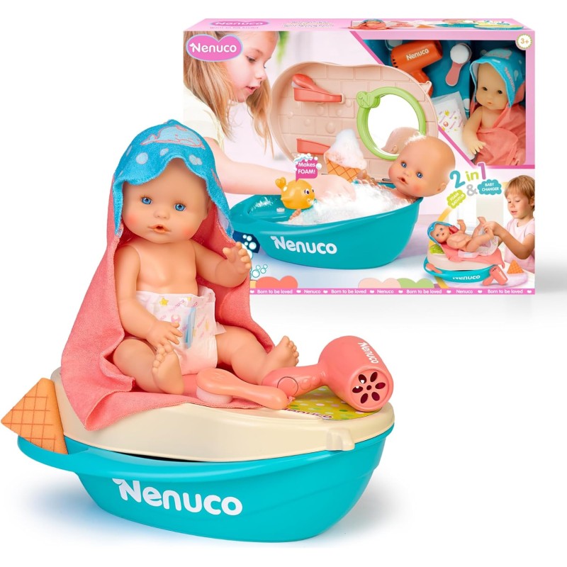 Nenuco Bagnetto Con le Bolle, Bambola 35 cm con Corpo Rigido e Capelli Magici, con Accessorio 2 in 1: Vasca e Fasciatoio, Beve e Nenuco Bagnetto Con le Bolle, Bambola 35 cm con Corpo Rigido e Capelli Magici, con Accessorio 2 in 1: Vasca e Fasciatoio, Beve e
