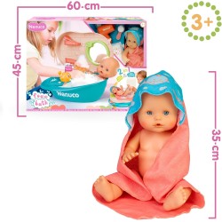 Nenuco Bagnetto Con le Bolle, Bambola 35 cm con Corpo Rigido e Capelli Magici, con Accessorio 2 in 1: Vasca e Fasciatoio, Beve e