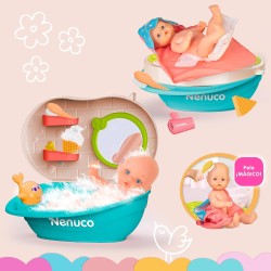 Nenuco Bagnetto Con le Bolle, Bambola 35 cm con Corpo Rigido e Capelli Magici, con Accessorio 2 in 1: Vasca e Fasciatoio, Beve e