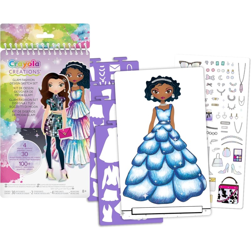 Crayola Creations - Glam Fashion Set, Disegna la tua collezione di moda, Set da disegno con Stencil e Stickers, Attività Creativ