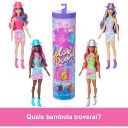 Barbie - Color Reveal Serie Country Chic, bambola a sorpresa con corpetto scintillante metalizzato e 6 accessori inclusi, effet