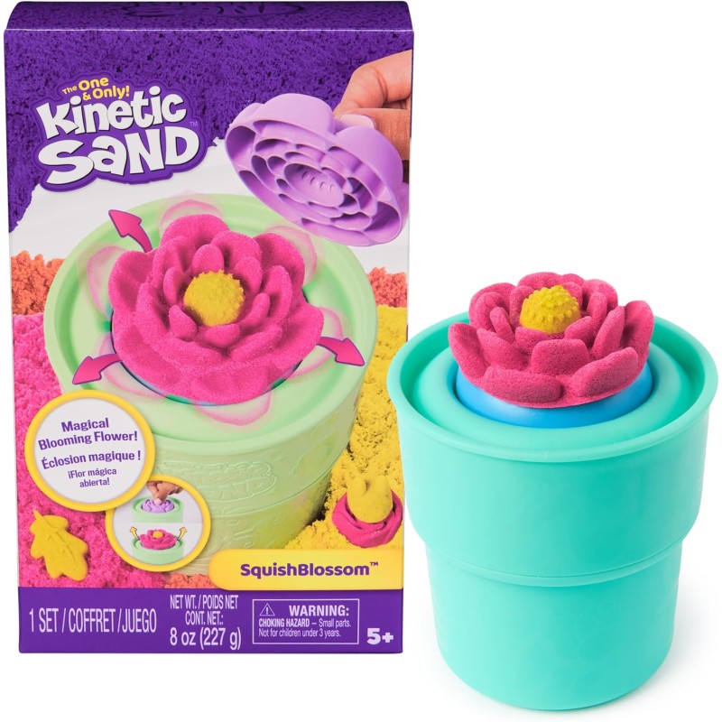 Kinetic Sand SquishBlossom, Fiore Che Sboccia, Set con 227 g di Sabbia Giallo e Rosa Neon, Vaso e Formine Incluse, Giocattolo C