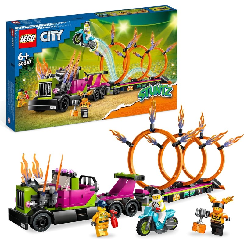 LEGO 60357 City Stuntz Stunt Truck: Sfida dell’Anello di Fuoco con Moto Giocattolo Carica e Vai, Idea Regalo Divertente per Bam