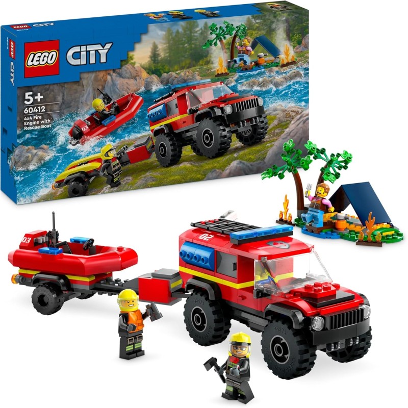 LEGO 60412 City Fuoristrada Antincendio e Gommone di Salvataggio, Camion dei Pompieri, Rimorchio per Barca, 2 Minifigure Vigili