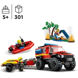 LEGO 60412 City Fuoristrada Antincendio e Gommone di Salvataggio, Camion dei Pompieri, Rimorchio per Barca, 2 Minifigure Vigili