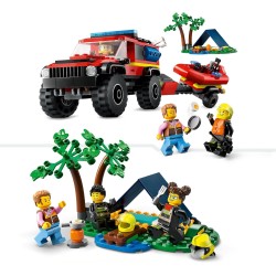 LEGO 60412 City Fuoristrada Antincendio e Gommone di Salvataggio, Camion dei Pompieri, Rimorchio per Barca, 2 Minifigure Vigili
