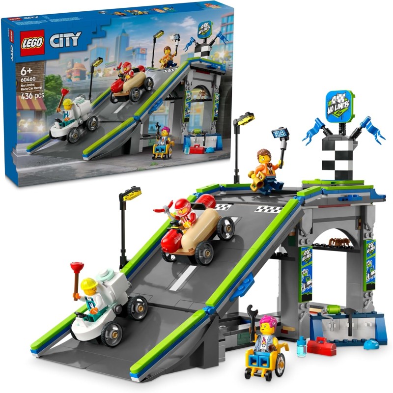LEGO 60460 City Nessun Limite: Gara sulla Pista a Rampe - Giocattolo da Costruire con 2 Modelli di Auto da Corsa, 4 Minifigure 