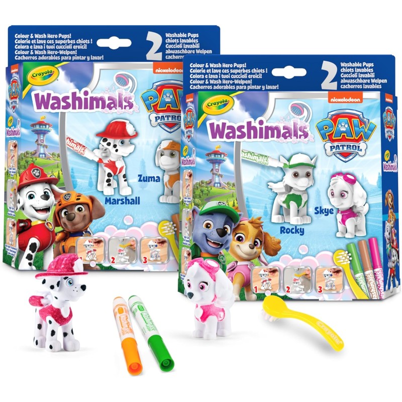 CRAYOLA - Washimals Paw Patrol, Set Attività con 2 Cuccioli, 3 Pennarelli Lavabili e Spazzolina, Gioco e Regalo per Bambini, da