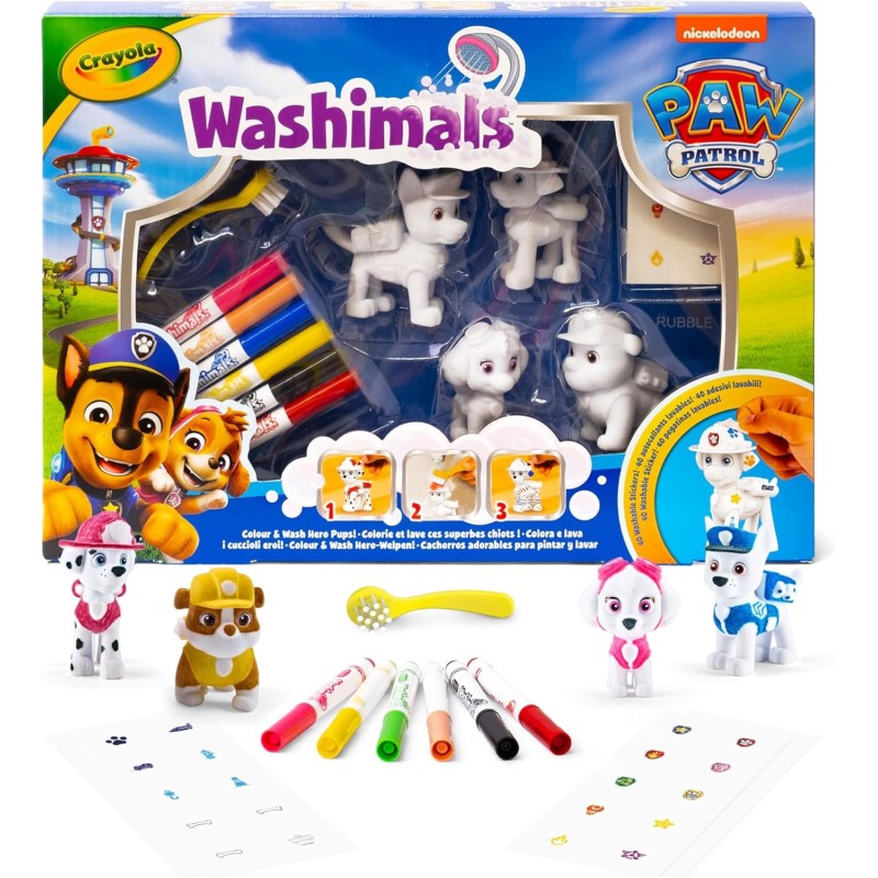 CRAYOLA - Washimals Paw Patrol, Set Attività con 4 cuccioli, 6 Pennarelli Lavabili, 40 Adesivi e Spazzolina, Gioco e Regalo per